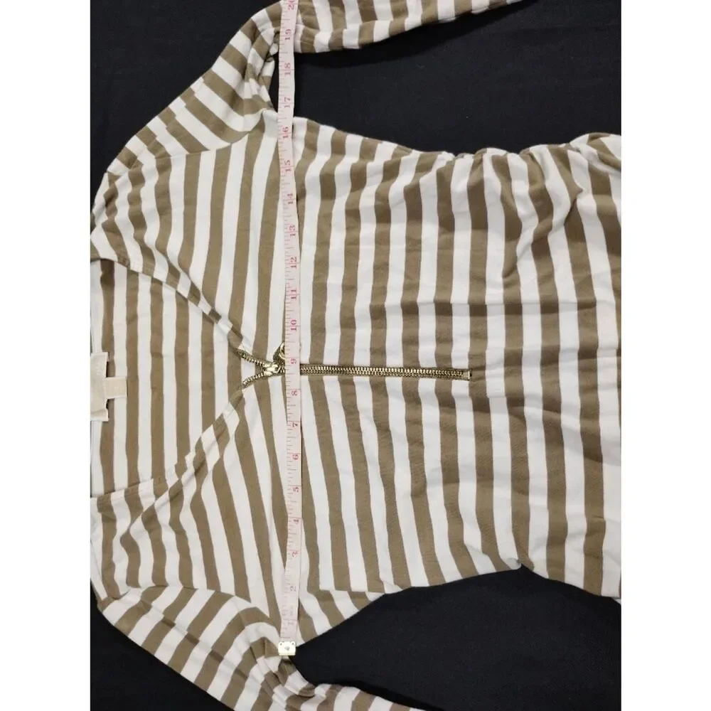 Michael Kors Striped V-Neck Zip Front Women’s Top - Khaki & White